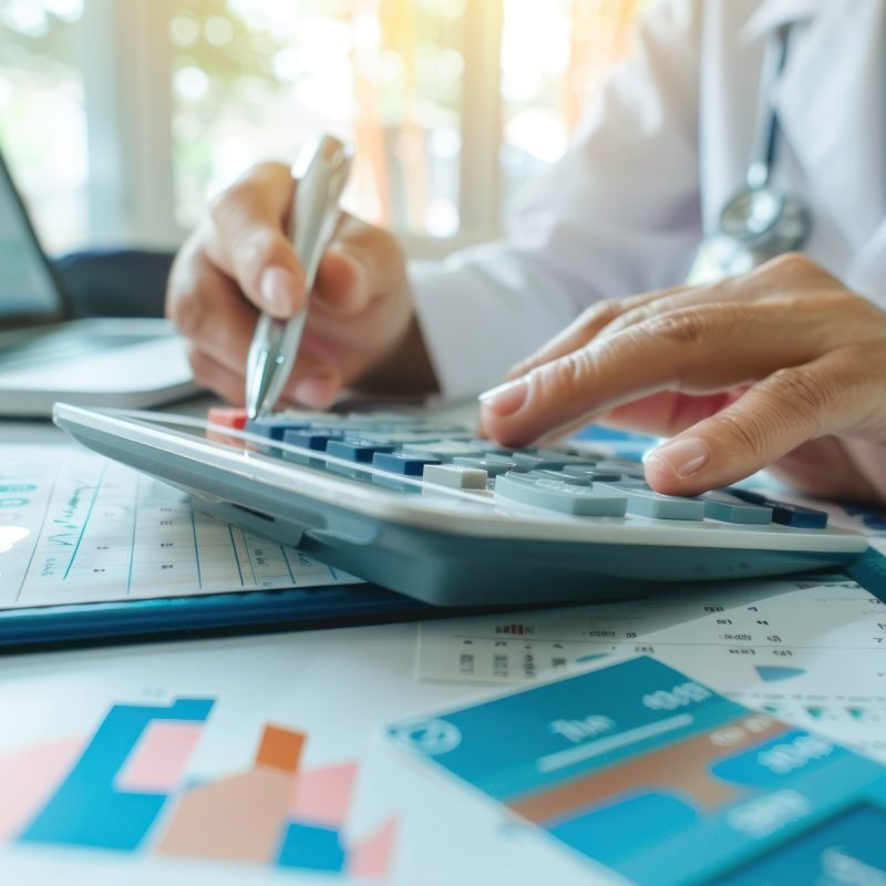 Closeup a doctor working audit use calculator in office hospital. Generated AI image
